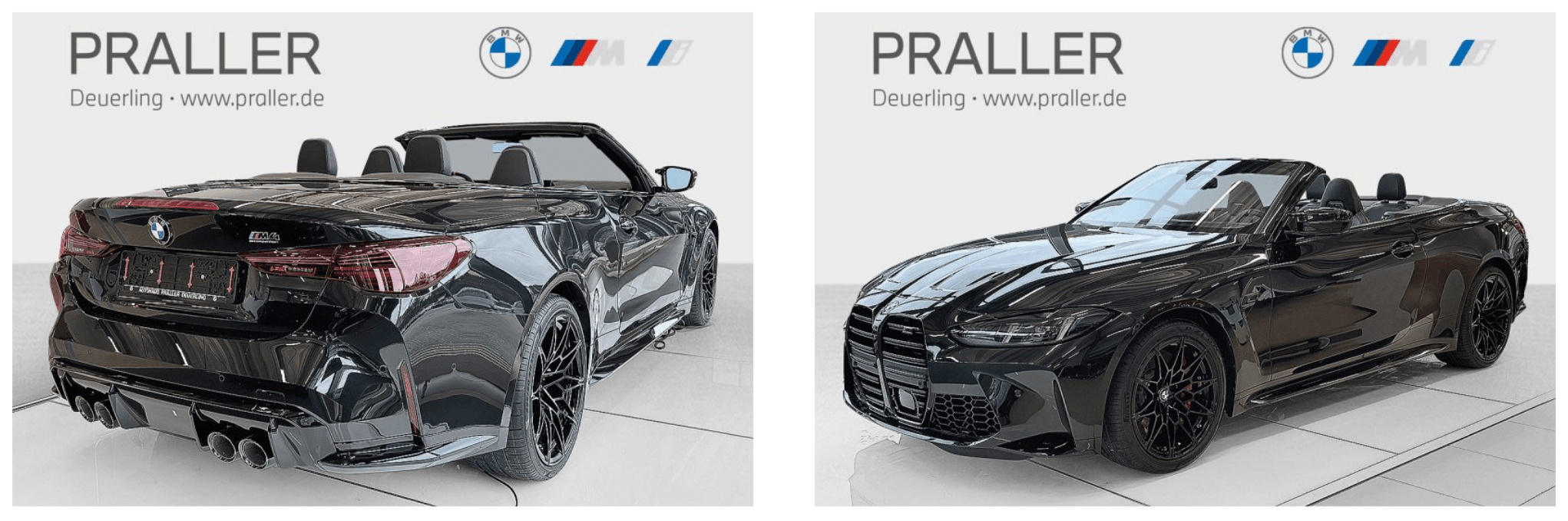 Zwei Bilder eines eleganten schwarzen BMW M2 Coupé Cabriolets in einem Ausstellungsraum. Das linke Bild zeigt die Heck- und Seitenansicht, während das rechte Bild die Front- und Seitenansicht zeigt. Beide Bilder zeigen PRALLER- und BMW-Logos im Hintergrund. - AH Praller