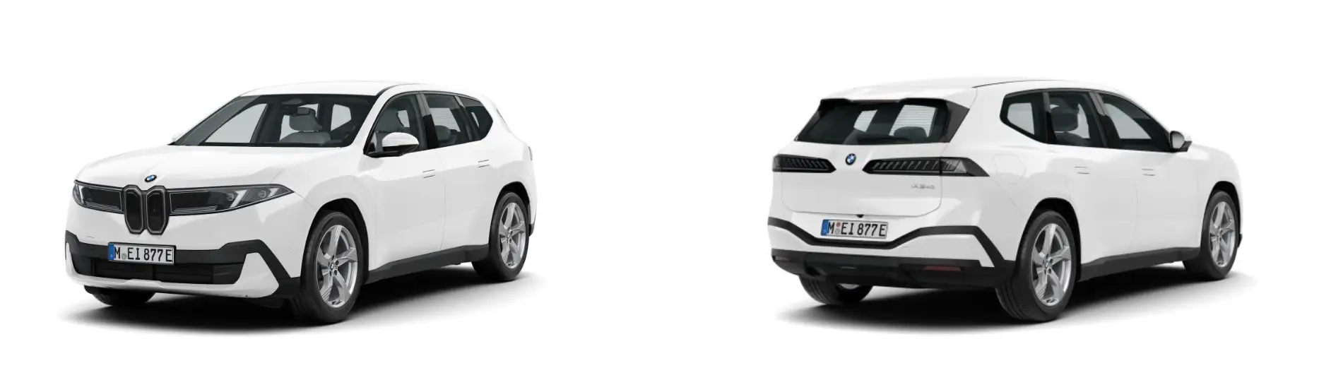 Zwei perspektivische Ansichten eines weißen BMW-SUV: von vorne links und von hinten rechts. Beide zeigen das moderne Design des Fahrzeugs, die schlanken Scheinwerfer und den markanten Nierengrill vor weißem Hintergrund – und heben so die progressiven Linien des BMW iX3 aus der „Die neue Klasse“-Reihe perfekt hervor. - AH Praller
